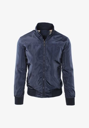 Giubbotto bomber leggero blu navy con cerniera frontale, polsini e fascia in vita a costine, e colletto alla coreana con fodera a quadri all'interno.