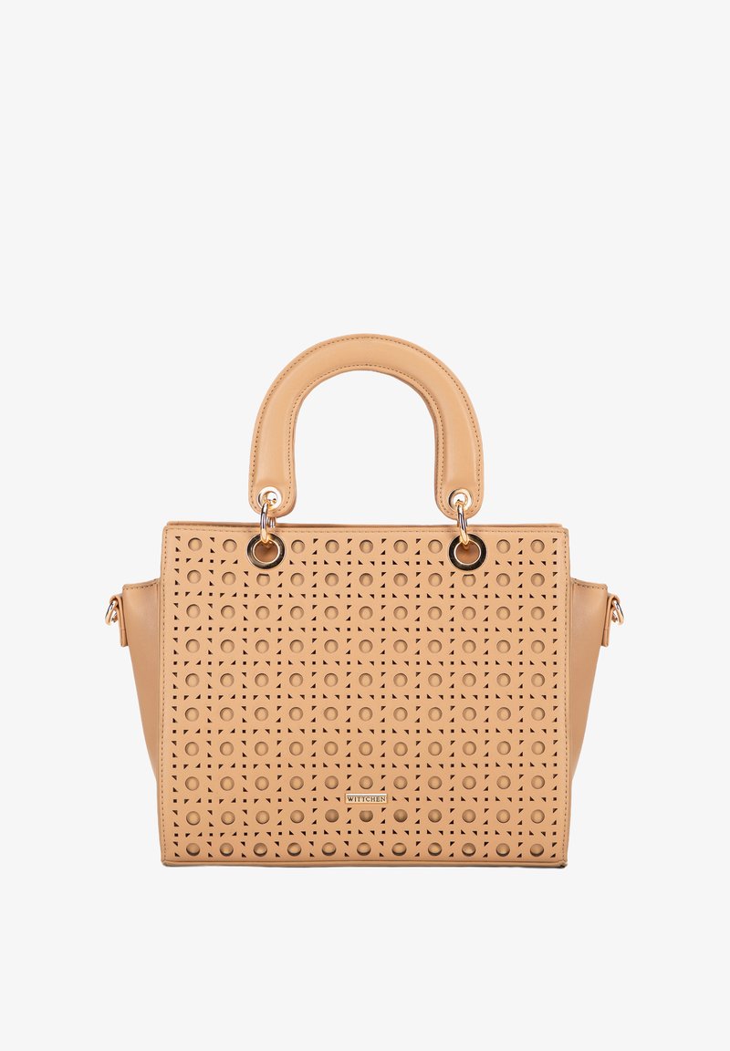 Borsa a tracolla beige perforata con motivi circolari e triangolari, doppio manico, hardware in tono oro e zip laterale. Design strutturato.