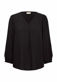 Blouse noire à manches longues avec un décolleté en V, tissu texturé, devant plissé et poignets élastiques. Coupe ample, design décontracté.