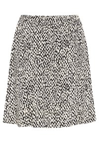 Jupe noire et blanche longueur genou avec motif de points ovales irréguliers et taille élastique froncée.
