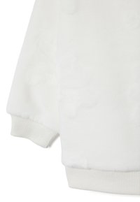 Weißer Fleecepullover mit einer weichen Textur, ausgestattet mit gerippten Bündchen in einem passenden Farbton. Das Design umfasst dezent gemusterte Stellen auf der Stoffoberfläche.