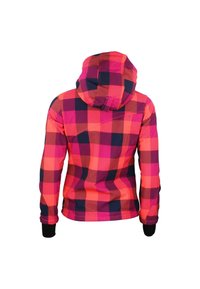 Giacca a vento a quadri rosa e blu navy con maniche lunghe, caratterizzata da un tessuto testurizzato e polsi neri, che mette in mostra un audace motivo geometrico.