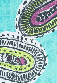 Fabric featuring abstract oval shapes in black, pink, and lime green against a turquoise background; detailed with lines and dots.