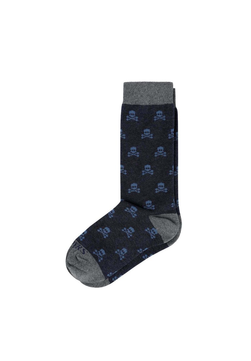 Calcetines hasta la rodilla en gris oscuro con un patrón de calaveras y huesos cruzados en azul. Puño y punta en gris contrastante. Mezcla de algodón para mayor comodidad.