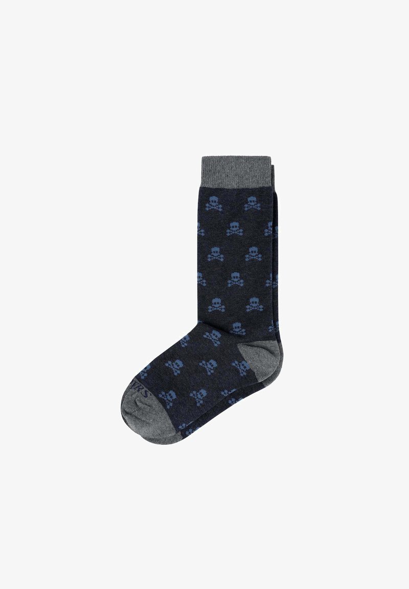 Calcetines hasta la rodilla en gris oscuro con un patrón de calaveras y huesos cruzados en azul. Puño y punta en gris contrastante. Mezcla de algodón para mayor comodidad.