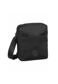 Borsa a tracolla nera in nylon con chiusura a zip, tasca frontale e logo impressa. Dotata di una tracolla regolabile e forma rettangolare.