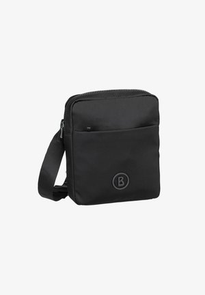 Borsa a tracolla nera in nylon con chiusura a zip, tasca frontale e logo impressa. Dotata di una tracolla regolabile e forma rettangolare.