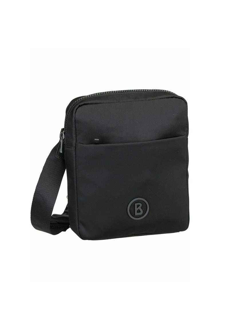 Borsa a tracolla nera in nylon con chiusura a zip, tasca frontale e logo impressa. Dotata di una tracolla regolabile e forma rettangolare.