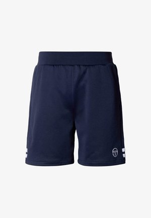 Sötétkék sportnadrág, rugalmas derékkal, fehér csíkkal az alján és logóval az alsó lábszáron. Simaság jellemzi.