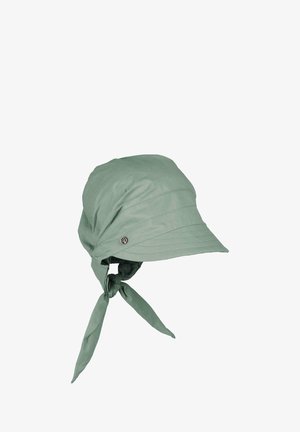 Green cotton cap with a tied back and wide brim, featuring a decorative metal accent and textured fabric for added detail.