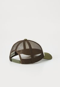 Gorra de béisbol de malla marrón con un panel frontal beige y una visera verde. Cuenta con un cierre ajustable de tipo snapback y un botón redondo en la parte superior.