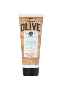 Närande balsam i tub, 200 ml, med en brun och vit etikett som har fet "OLIV" text och dekorativa mönster. 92% naturligt innehåll.