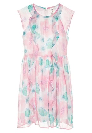 Ærmeløs pastel pink og hvid blomsterkjole med ruffle-detaljer og rund halsudskæring, designet til et barn, størrelse 10.