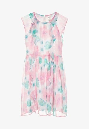 Ärmelloses, pastellrosa und weißes Blumenkleid mit Rüschendetails und rundem Ausschnitt, entworfen für ein Kind, Größe 10.