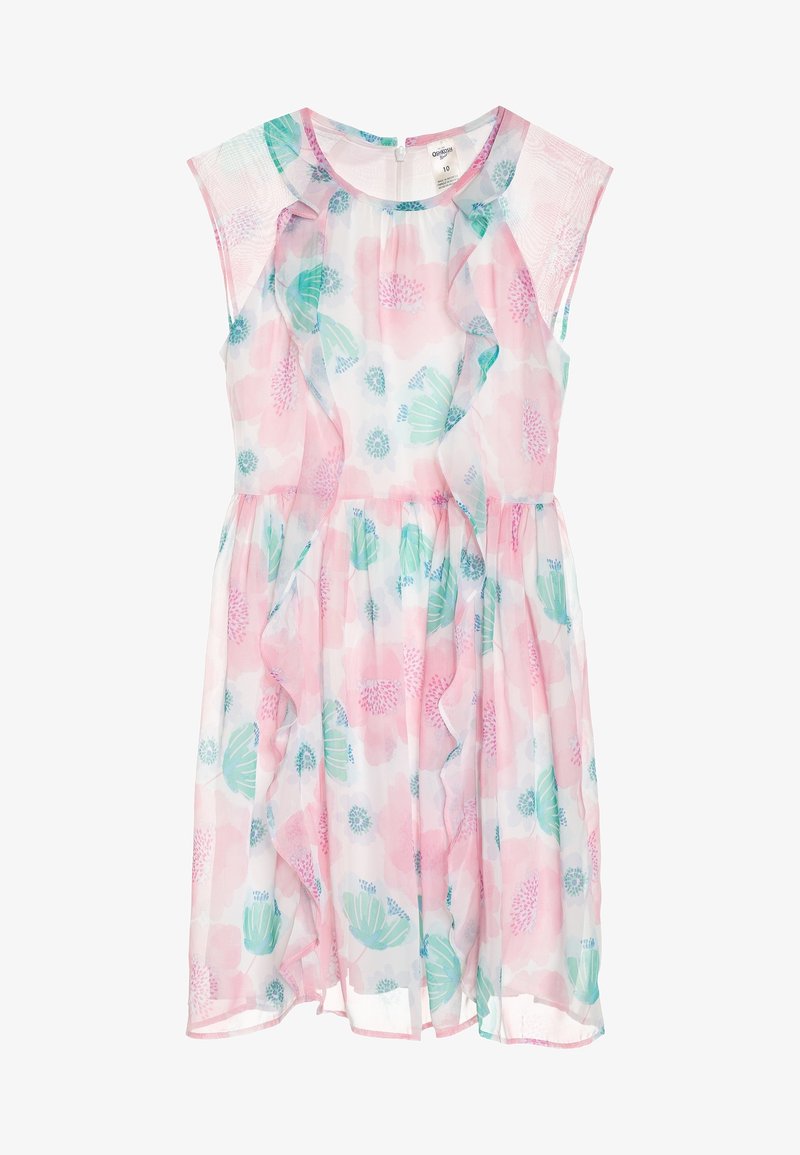 Robe sans manches rose pastel et blanche avec des détails en volants et un col rond, conçue pour une enfant, taille 10.