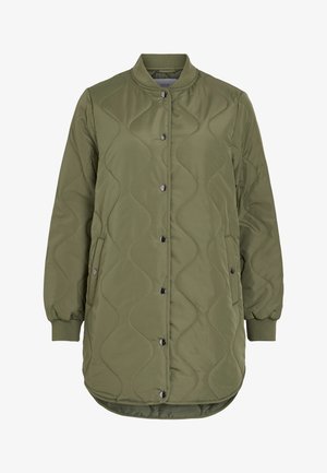 Padded olive green bomber jacket with quilted wave pattern, snap-button closure, side pockets, and ribbed cuffs and hem.