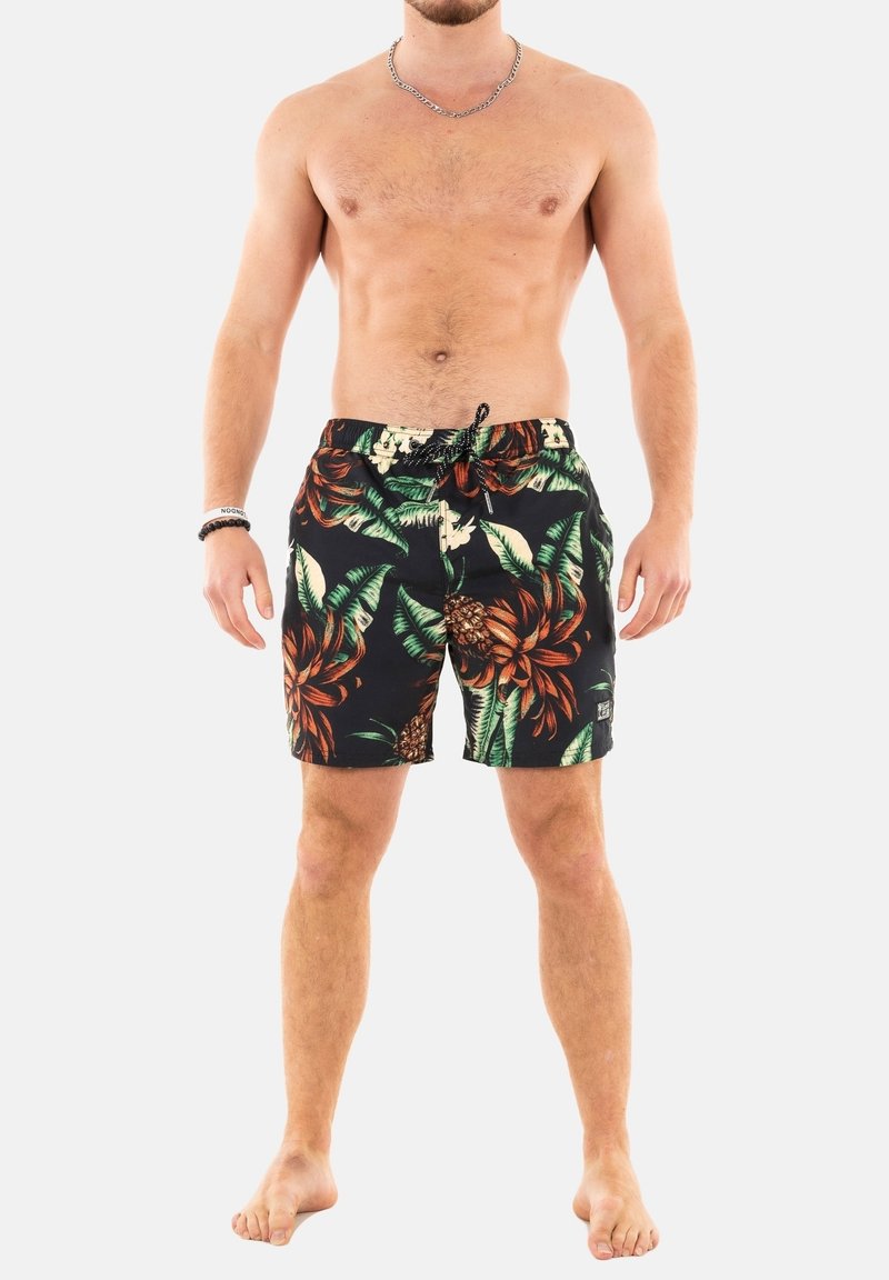 Shorts da bagno neri con motivi floreali e fogliari colorati, dotati di vita con cordino e tasche laterali. Realizzati in un tessuto leggero e texturizzato.