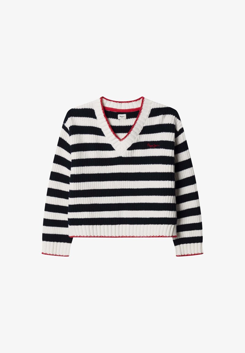 Zwart-witte horizontaal gestreepte V-hals trui met rode biezen op de kraag, manchetten en zoom, met een klein rood geborduurd logo op de borst.