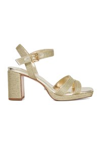 Gouden geweven sandalen met banden, voorzien van een chunky blokhak en een metallic afwerking. Heeft een verstelbare enkelband met een gespsluiting voor een veilige pasvorm.