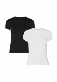 Sort og hvide bomulds t-shirts med korte ærmer og runde halsudskæringer, glat tekstur og tætsiddende design.