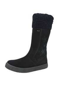 Black synthetic knee-high boot with plush navy fleece cuff, star-shaped embellishments, textured rubber sole, and stitched accents.
