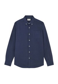 Navyblaue, knöpfbare Hemden aus Baumwolle. Mit einer Brusttasche, knöpfbarem Kragen, langen Ärmeln und weißen Knöpfen. Glatte Textur.
