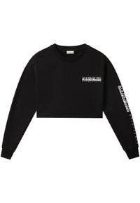 Sweat-shirt court noir à manches longues avec logo blanc "Napapijri geographic" sur la poitrine et la manche droite, avec poignets côtelés et col rond.