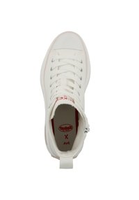 High-top white canvas shoes featuring a rubber sole, eyelets, and red accents on the inside and logo. Flat laces and reinforced toe cap.