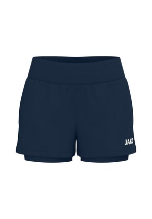 Short de sport pour femmes bleu marine avec taille élastique et petit logo blanc JAKO sur la partie inférieure droite de la jambe.