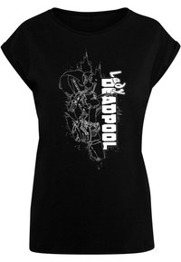 Sort T-shirt med rund halsudskæring og korte ærmer. Har et hvidt grafisk motiv af Lady Deadpool med tekst i fed skrift.