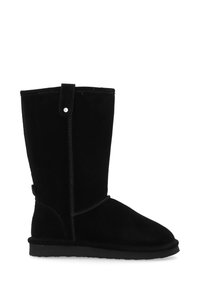 Black suede knee-high boot with a round toe, flat sole, and side stitching detail. Features a tab and metal accent at the top.