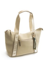 Borsa a tracolla beige in finta pelle, con due robuste cinghie, una tasca frontale con cerniera e un elemento decorativo a nappe.