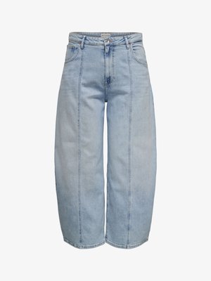 Hele sinised kõrge vöökohaga laiade säärega teksad esiõmblusetäiendustega, ees taskud ja nööbi-luku kinnitusega.