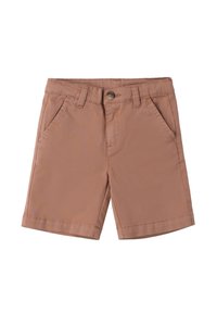 Pantaloni corti in cotone marrone con chiusura a bottone, passanti per cintura e due tasche frontali. Texture liscia e vestibilità su misura.