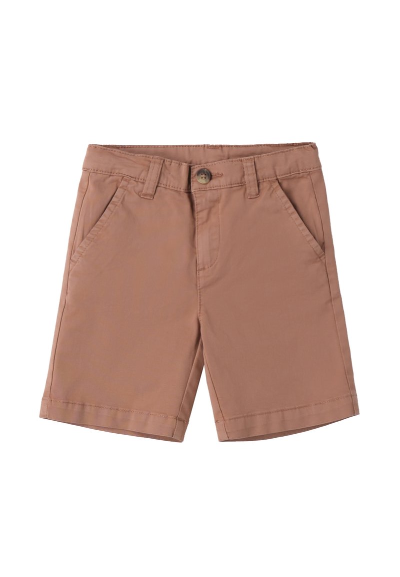 Pantaloni corti in cotone marrone con chiusura a bottone, passanti per cintura e due tasche frontali. Texture liscia e vestibilità su misura.