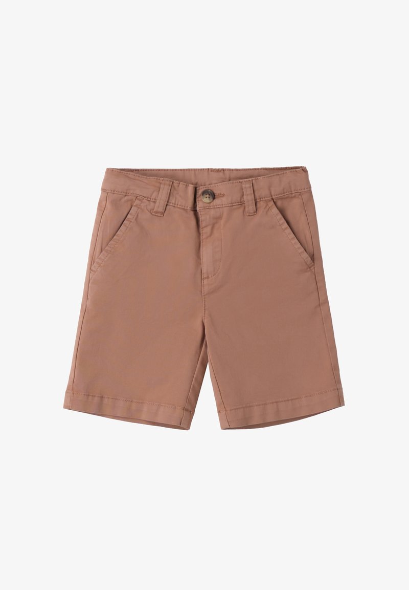 Pantaloni corti in cotone marrone con chiusura a bottone, passanti per cintura e due tasche frontali. Texture liscia e vestibilità su misura.