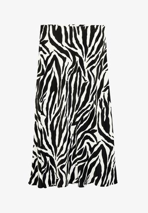 Schwarz-weiß gemusterter Zebradruck-Midirock im A-Linien-Stil mit ausgestelltem Saum.