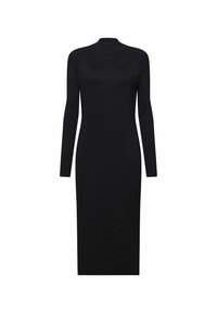 Robe noire à manches longues avec col montant, confectionnée dans un matériau lisse et extensible. Caractérisée par une silhouette ajustée et une longueur jusqu'aux genoux.