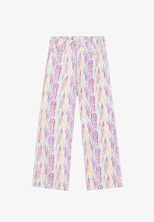 Vaqueros de tiro alto y pierna ancha con rayas onduladas abstractas multicolor en púrpura, amarillo, azul y verde sobre un fondo blanco.