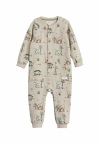 Beige baby onesie van waffle-knit met een dino-print in zachte kleuren, houten knopen en zijzakken. Inclusief omgeslagen mouwen en benen.