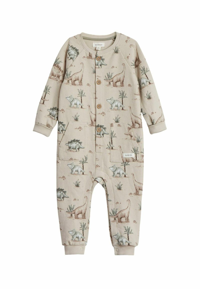 Beige baby onesie van waffle-knit met een dino-print in zachte kleuren, houten knopen en zijzakken. Inclusief omgeslagen mouwen en benen.