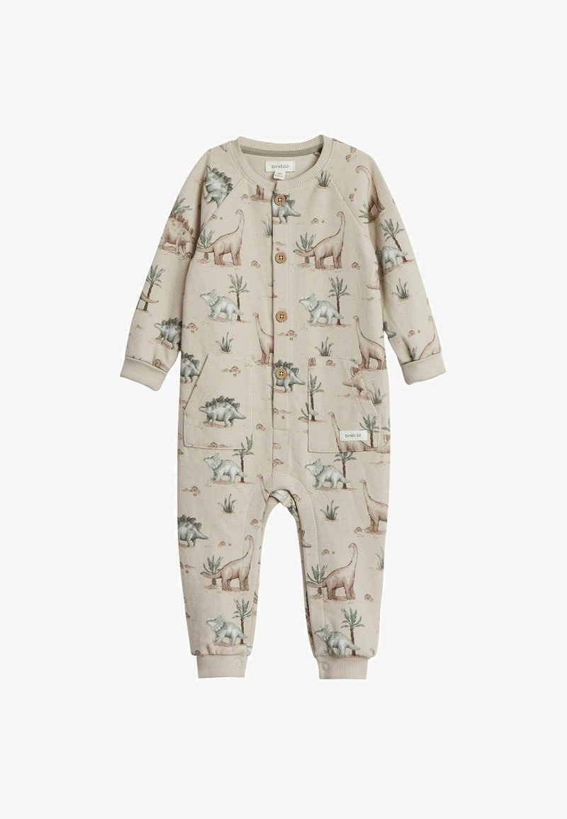 Beige Baby-Overall aus Waffelstrick mit Dinosaurierdruck in sanften Farben, mit Holzknöpfen und seitlichen Taschen. Mit umschlagbaren Ärmeln und Beinen.