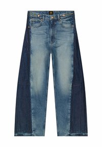 Jeans à jambes larges dans des nuances de denim bleu variées, présentant un devant décoloré, des panneaux latéraux foncés, un design classique à cinq poches et des accessoires en métal.