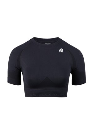 Zwarte sporttop met korte mouwen en een ronde hals, van een gestructureerde stof en subtiele logodetail aan de linkerkant. Glad en aansluitend ontwerp.