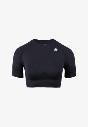 Zwarte sporttop met korte mouwen en een ronde hals, van een gestructureerde stof en subtiele logodetail aan de linkerkant. Glad en aansluitend ontwerp.