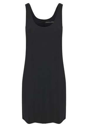 Čierne šaty bez rukávov s výstrihom dookola, dĺžky po kolená, s rovnými lemom, bez vzorov alebo ozdôb.