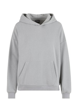 Grå, tröja med huva i mjukt material. Har en framficka, ribbade ärmar och en bred, avslappnad passform med dragkedja för huvan.