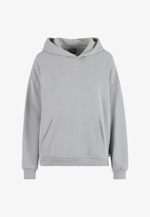 Grauer Pullover-Hoodie aus weichem Material. Mit einer Vordertasche, gerippten Bündchen und einem weit geschnittenen, lockeren Schnitt mit Kapuze und Kordelzug.
