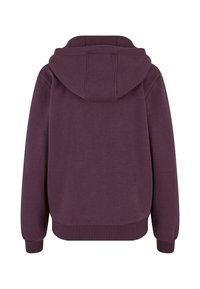 Sweat à capuche violet foncé avec manches longues et poignets côtelés vu de dos sur fond blanc.