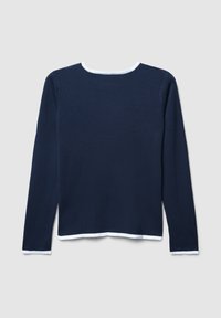 Marineblaues Sweatshirt mit langen Ärmeln, rundem Ausschnitt und weißen Details an Kragen und Saum. Rippstruktur, lässige Passform, ohne sichtbare Muster.
